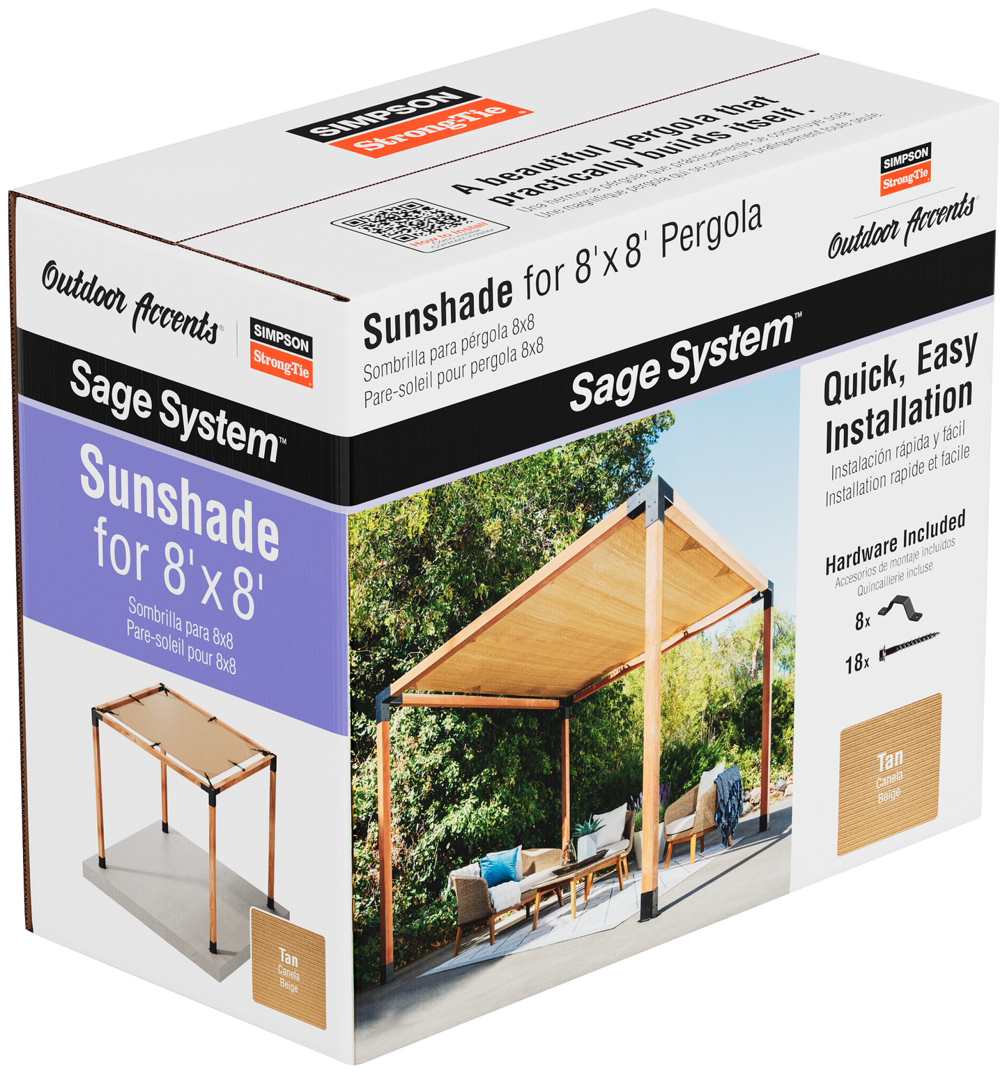 Box of Simpson Sunshade from the Sage DIY Kit Pergola System with outdoor scene on packaging.