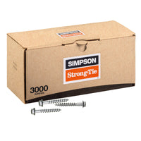 Box of Simpson Strong-Tie screws with screws on a white background