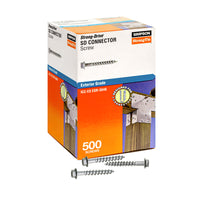 Box of Simpson Strong-Drive SD Connector Screws with screws in front on a white background