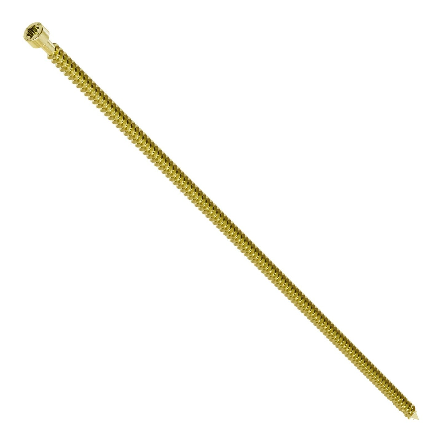 A single yellow zinc-coated Simpson Strong-Tie SDCFC Timber-CF Screw designed for structural applications in timber construction.
