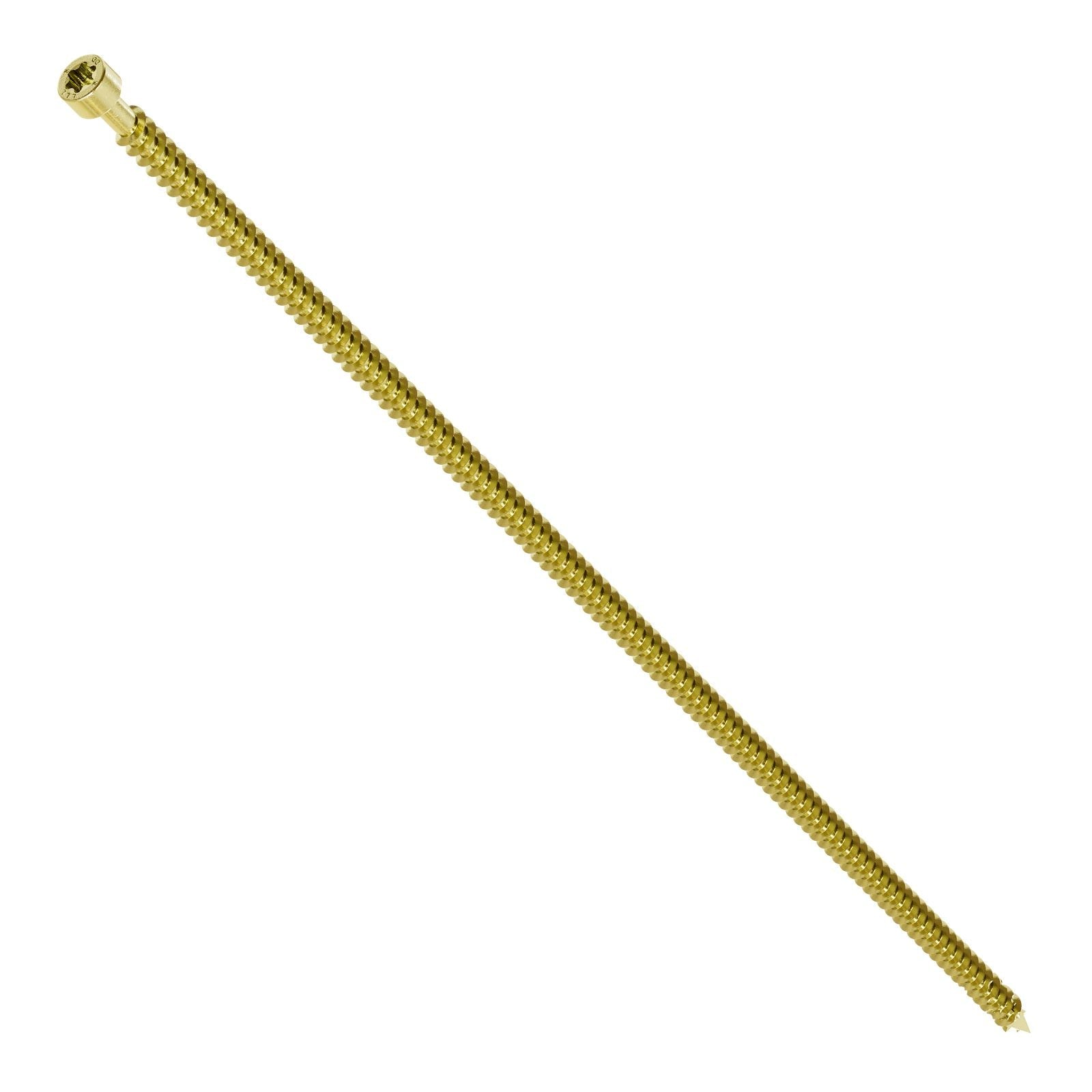 A single yellow zinc-coated Simpson Strong-Tie SDCFC Timber-CF Screw designed for structural applications in timber construction.