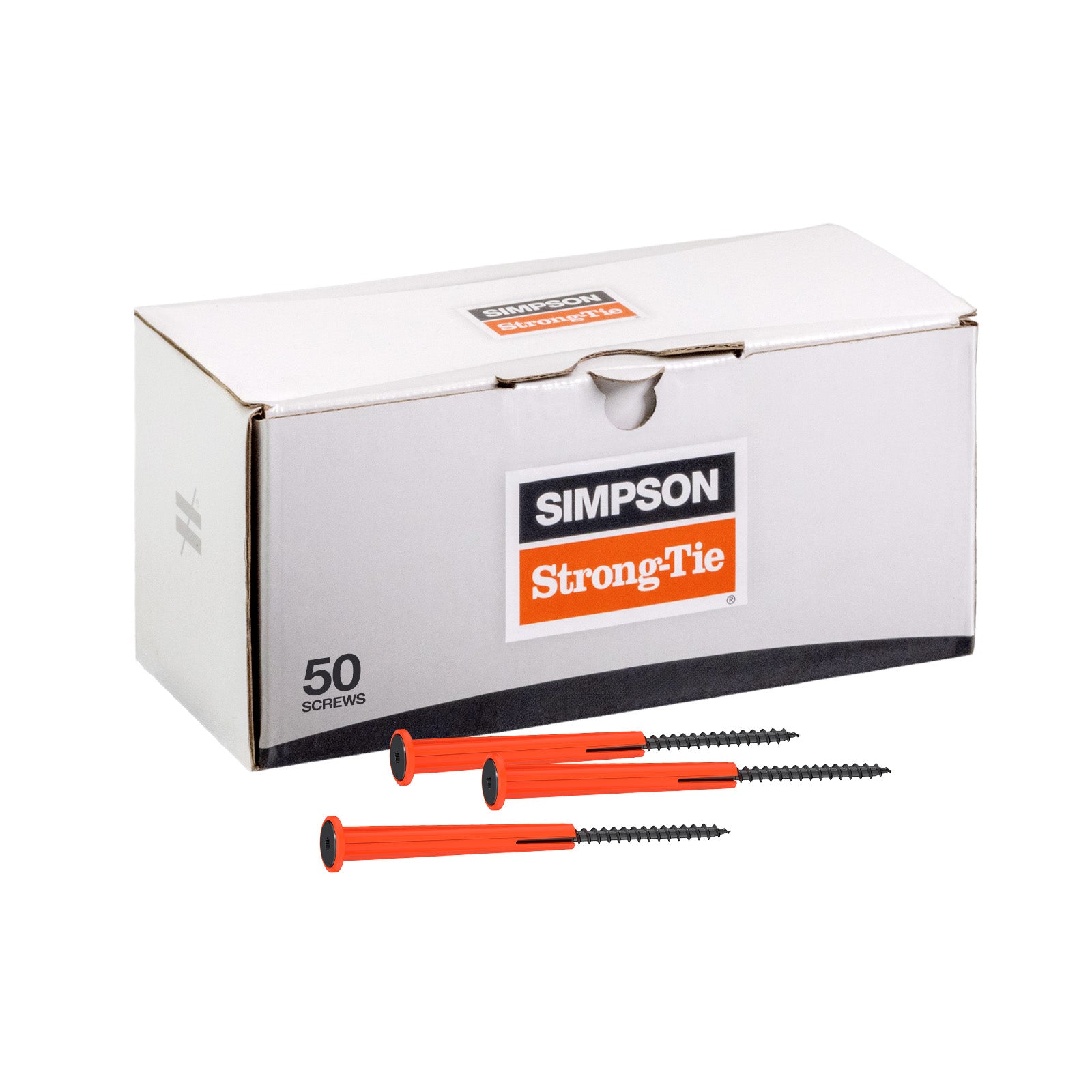 Box of Simpson Strong-Tie screws on a white background