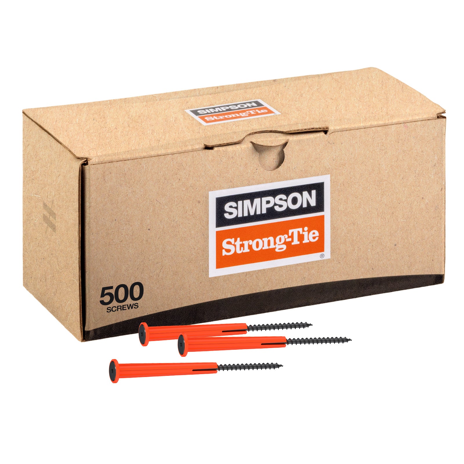 Box of Simpson Strong-Tie screws with three screws displayed in front on a white background