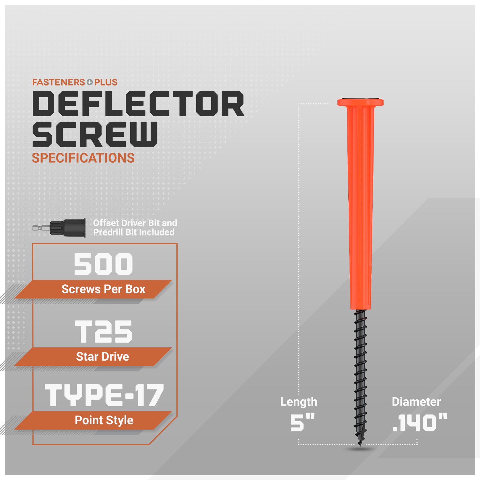 Deflector screw with specifications on a gray background