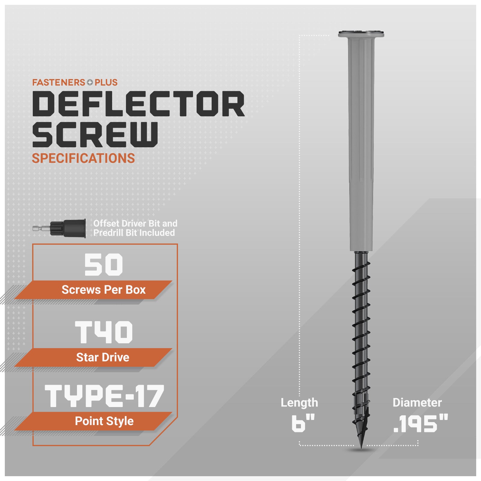 Deflector screw with specifications on a gray background