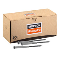 Box of Simpson Strong-Tie screws with three screws displayed in front on a white background
