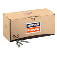 Cardboard box of Simpson Strong-Tie screws with screws spilling out.