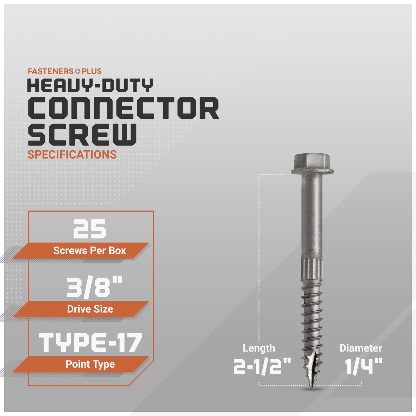 Heavy-duty connector screw with specifications on a gray background