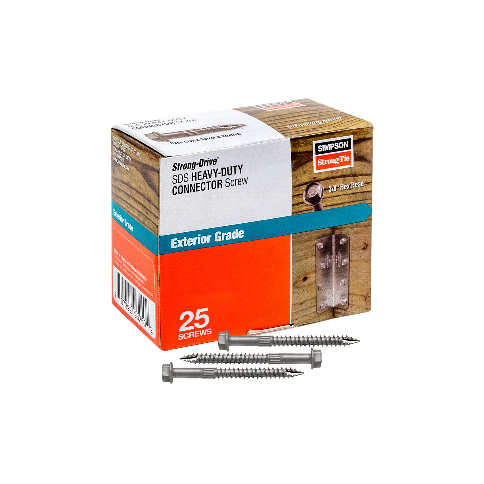 Box of Simpson Strong-Drive screws with two screws displayed in front on a white background