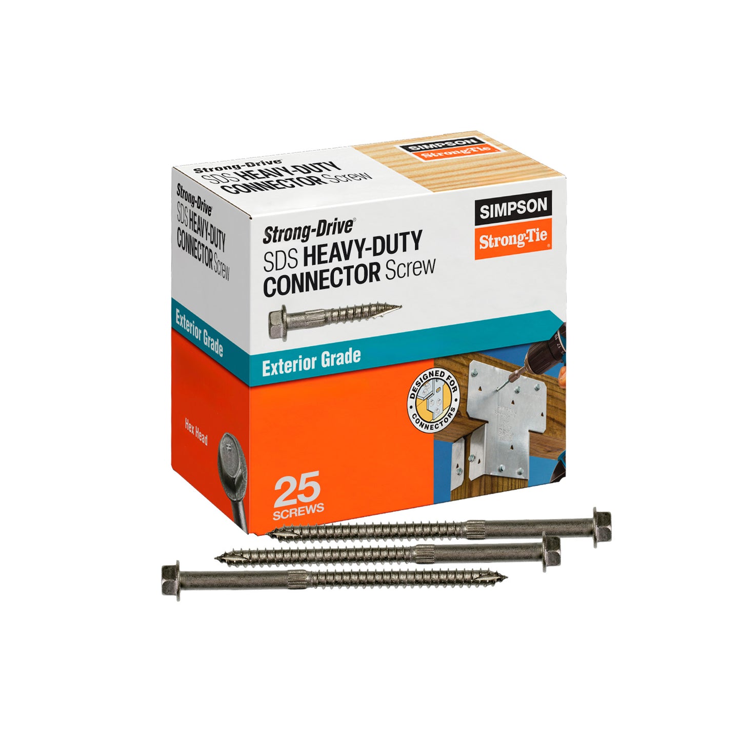 Box of Simpson Strong-Drive SDS Heavy-Duty Connector Screws on a white background