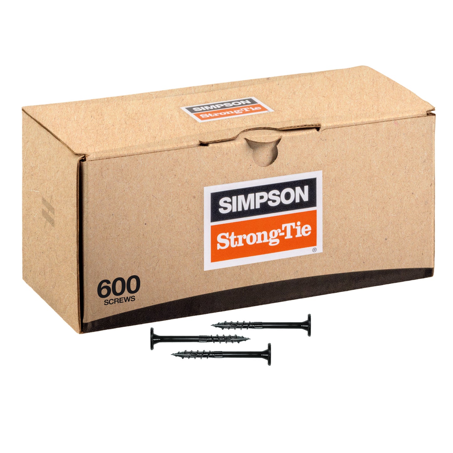 Box of Simpson Strong-Tie screws with three screws displayed in front on a white background