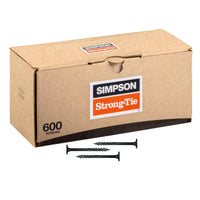 Box of Simpson Strong-Tie screws with three screws displayed in front on a white background