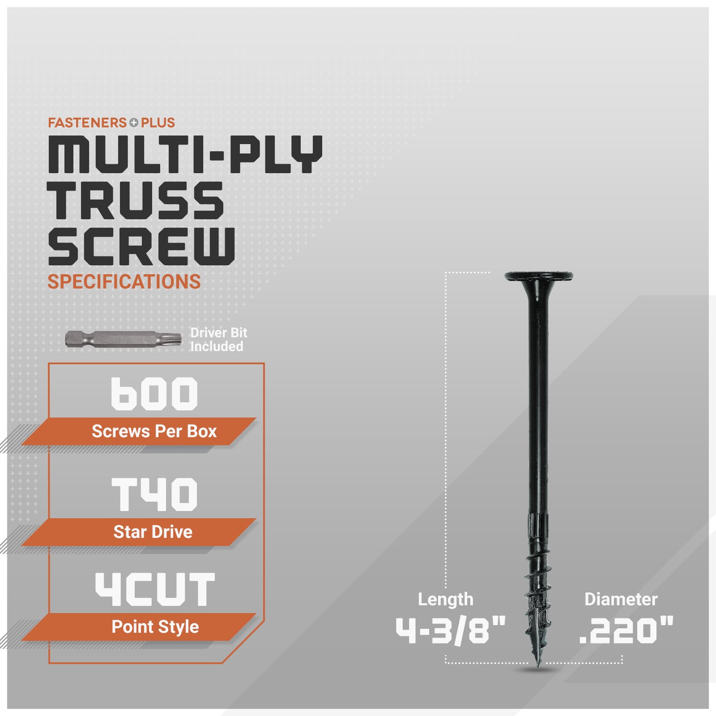 Multi-ply truss screw with specifications on a gray background