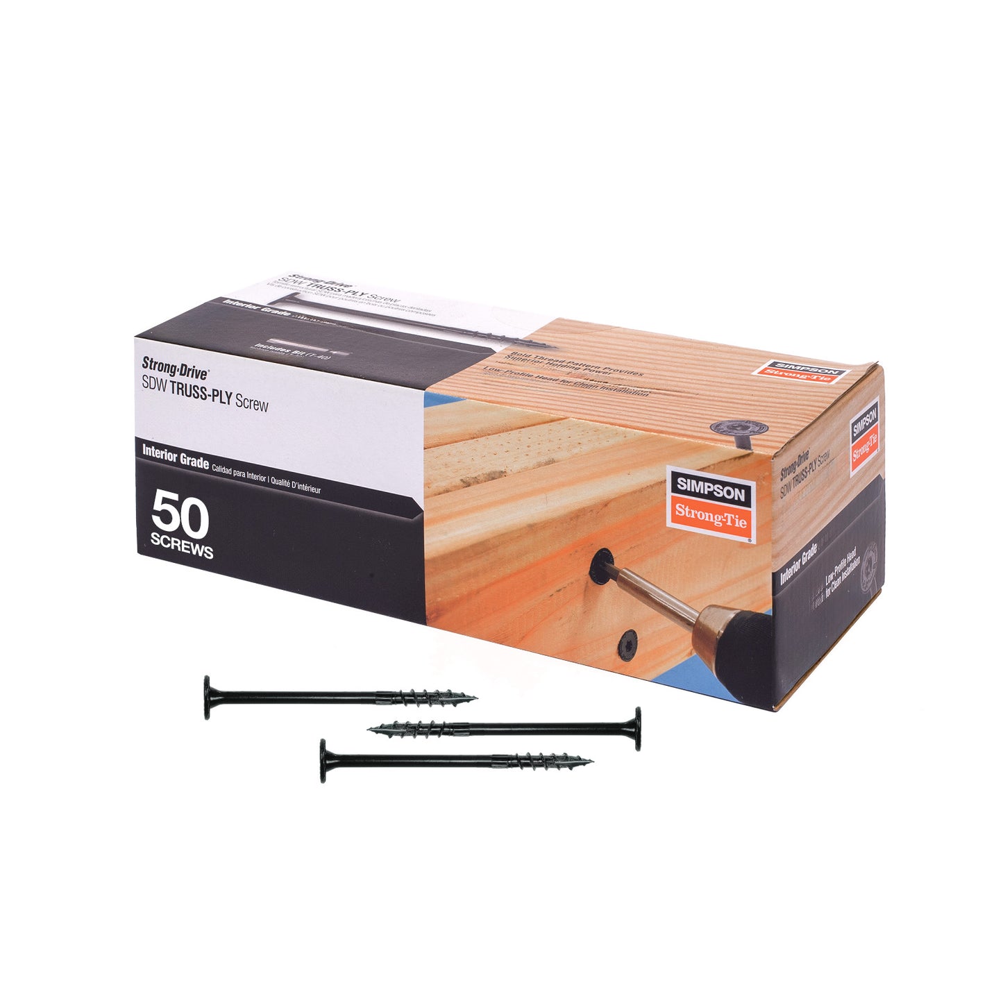Box of Simpson Strong-Tie screws with screws displayed in front on a white background