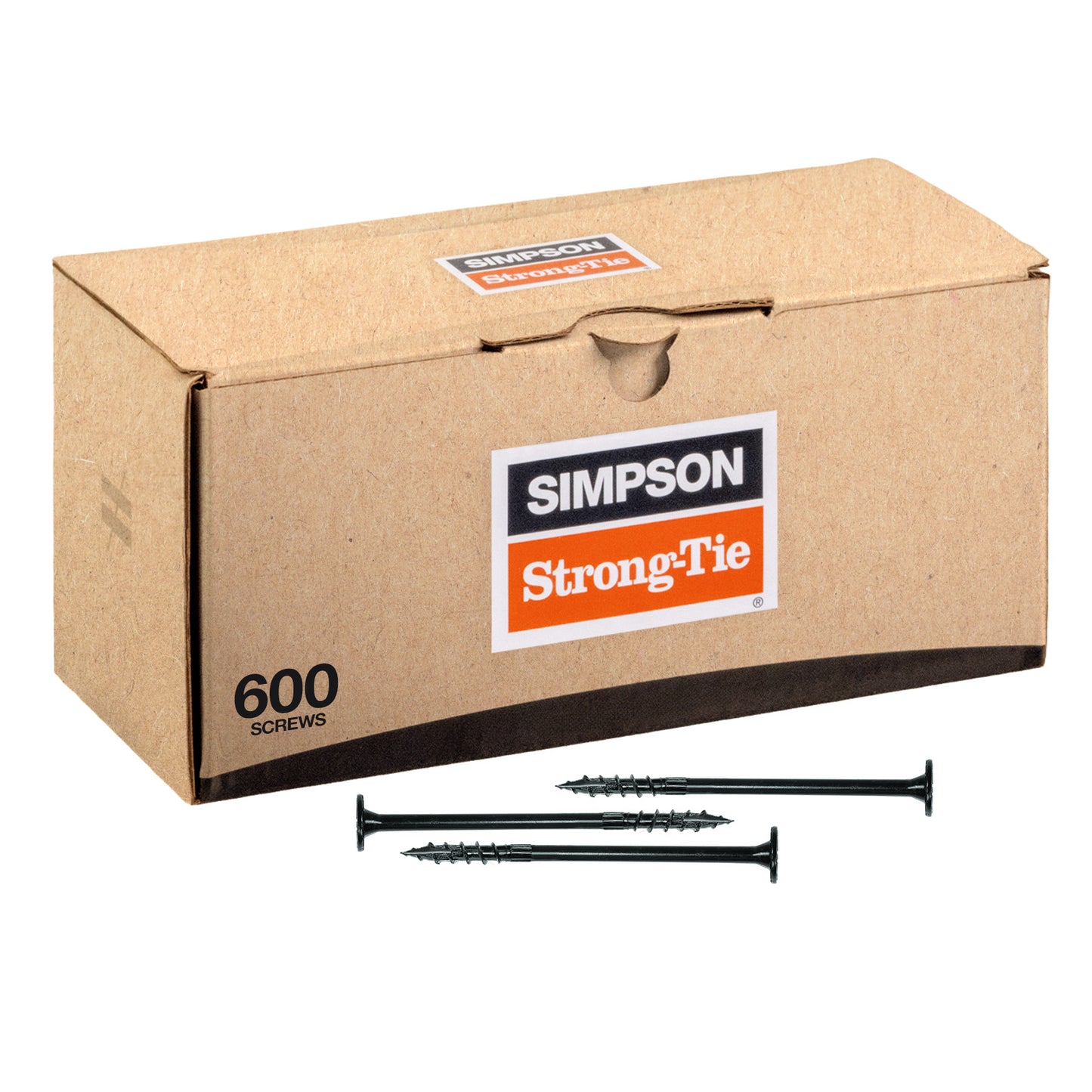 Box of Simpson Strong-Tie screws with screws displayed in front on a white background