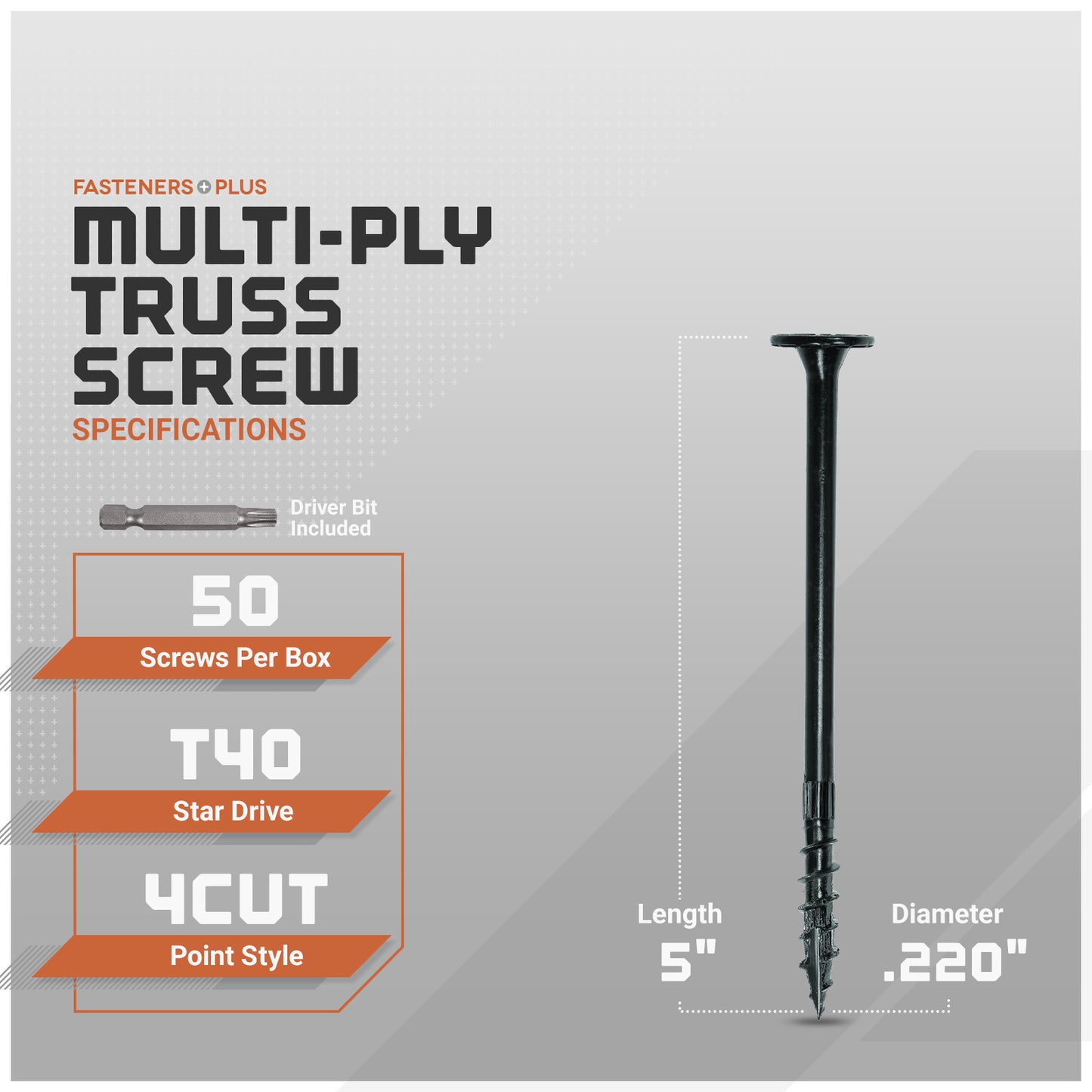 Multi-ply truss screw with specifications on a gray background