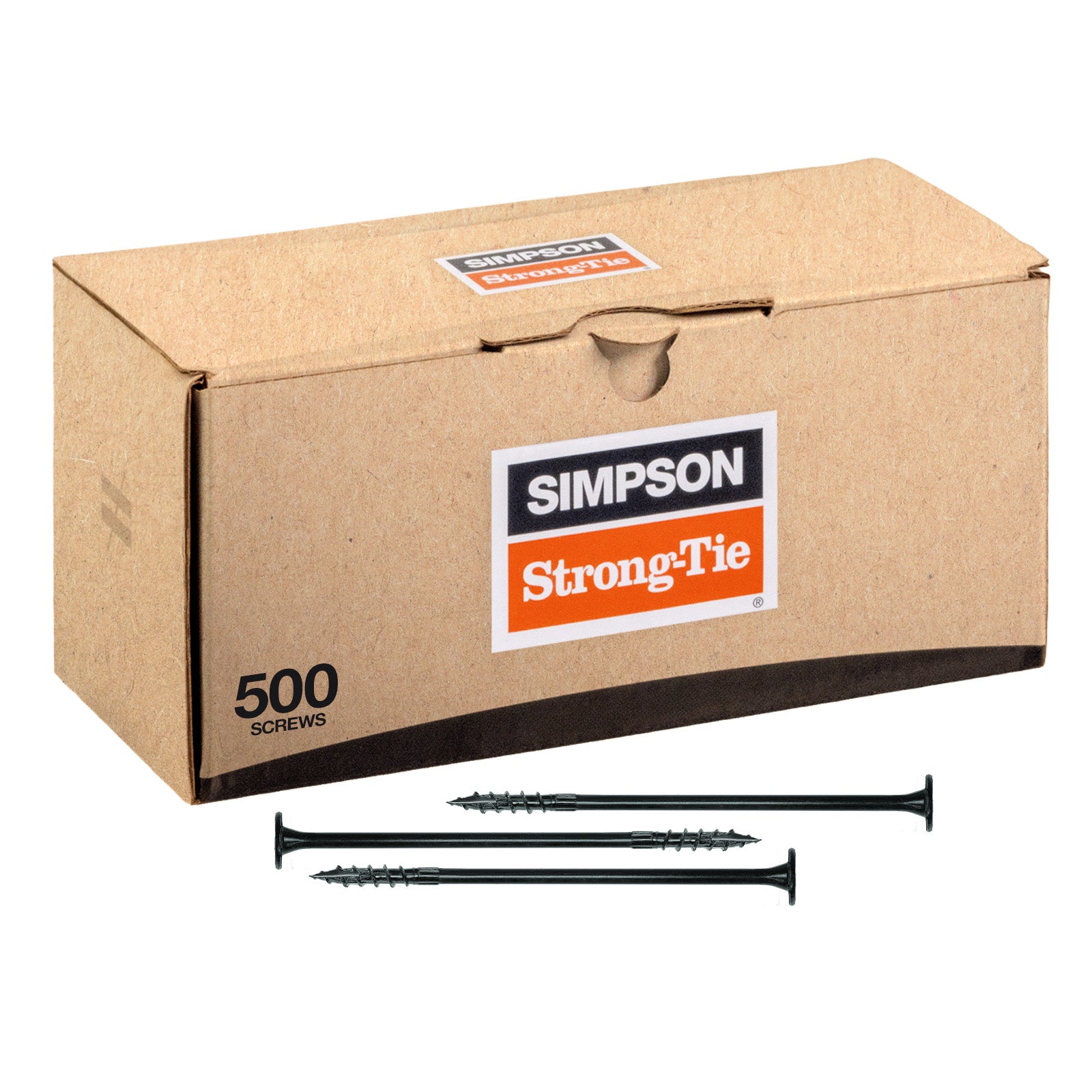 Box of Simpson Strong-Tie screws with screws displayed in front on a white background