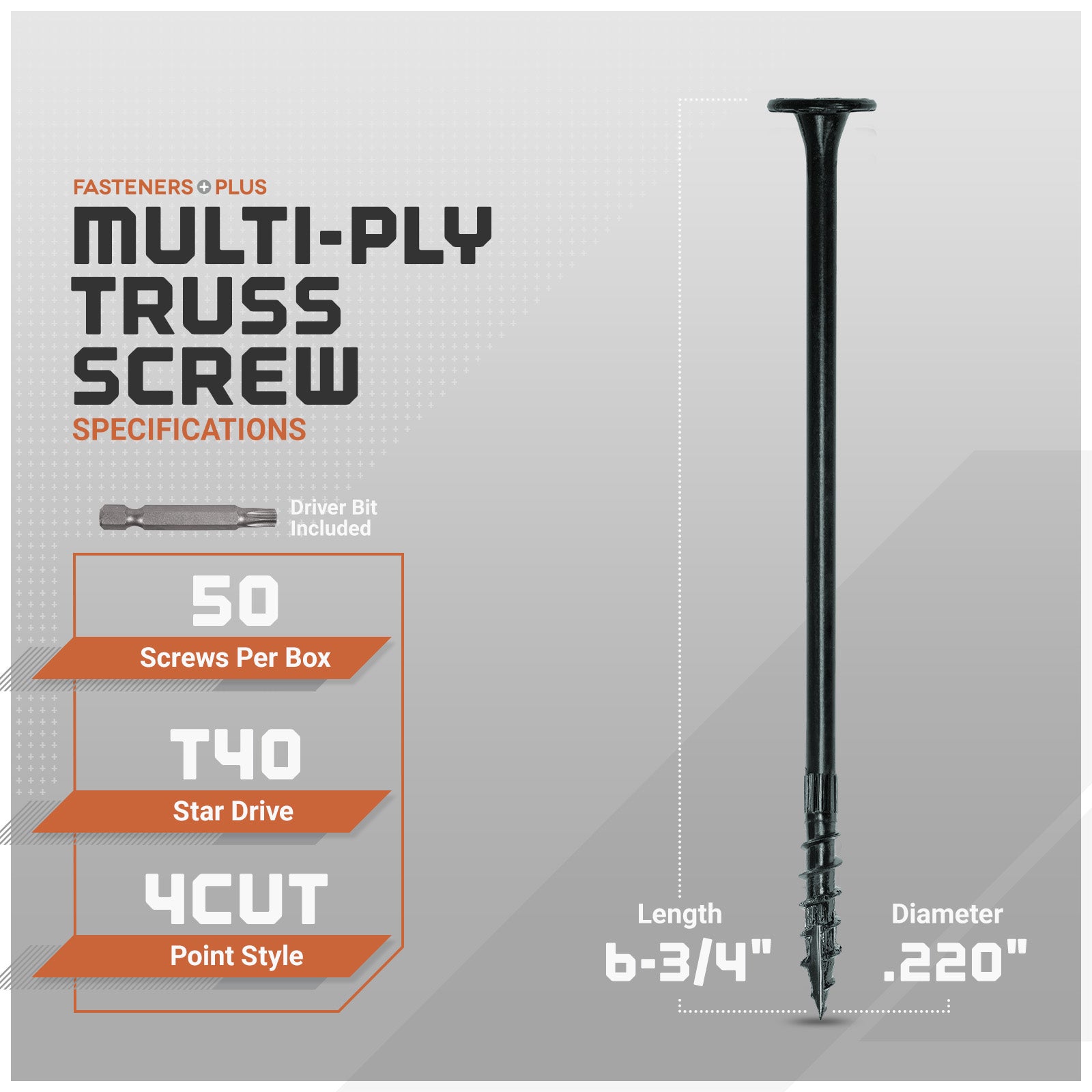 Multi-ply truss screw with specifications on a gray background