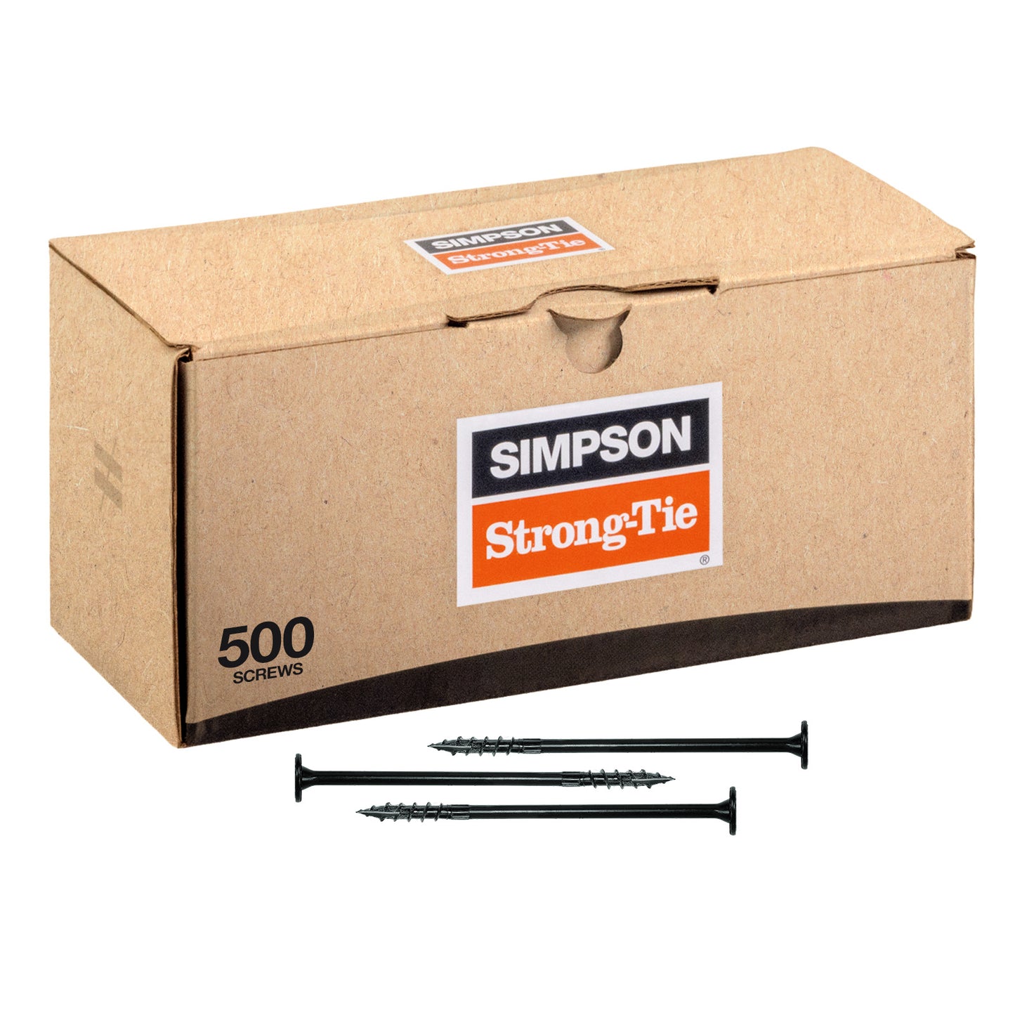 Box of Simpson Strong-Tie screws with screws displayed in front on a white background