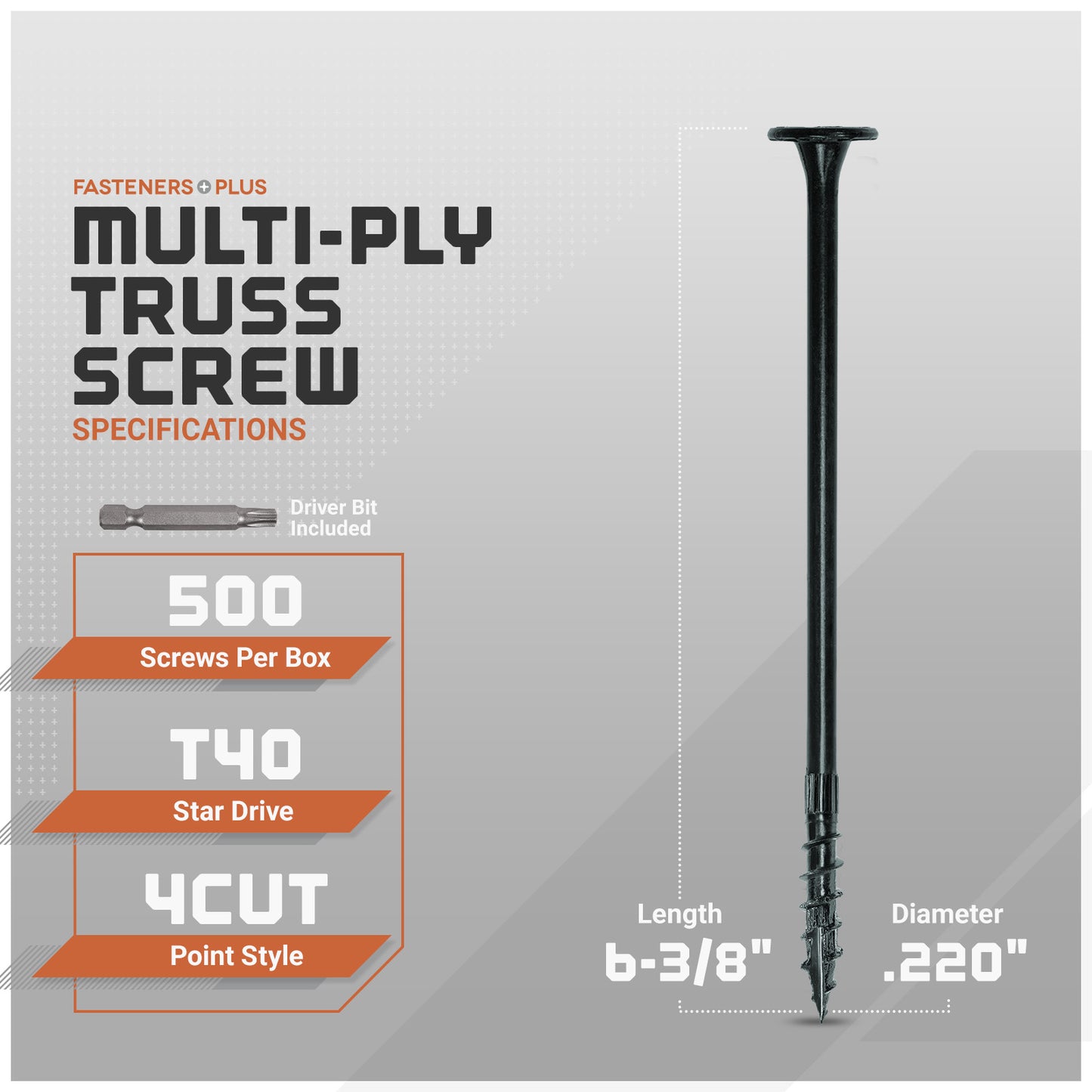 Multi-ply truss screw with specifications on a gray background