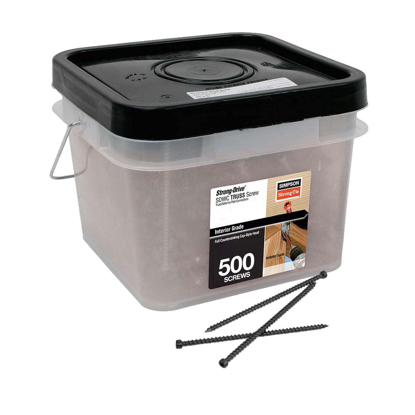 Clear plastic container with black lid labeled '500 Screws' on a white background