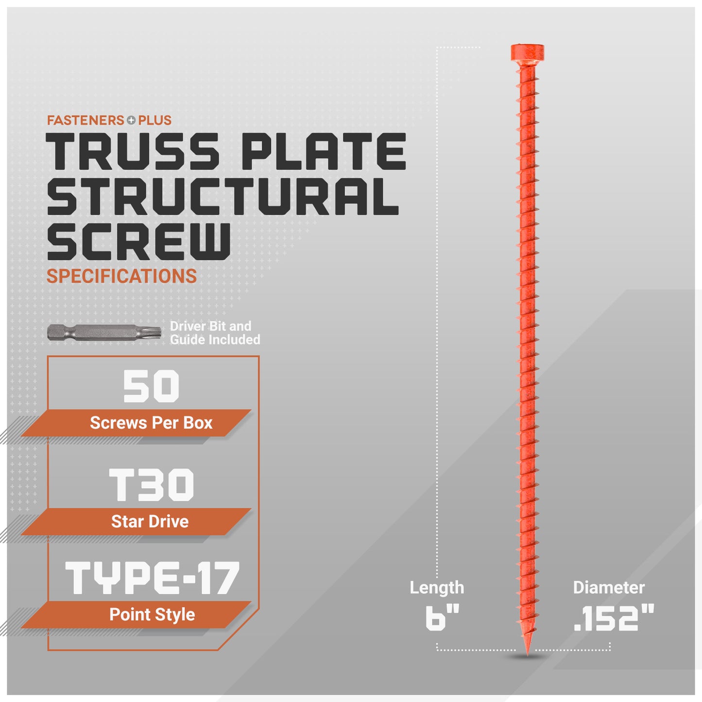 Truss plate structural screw with specifications on a gray background