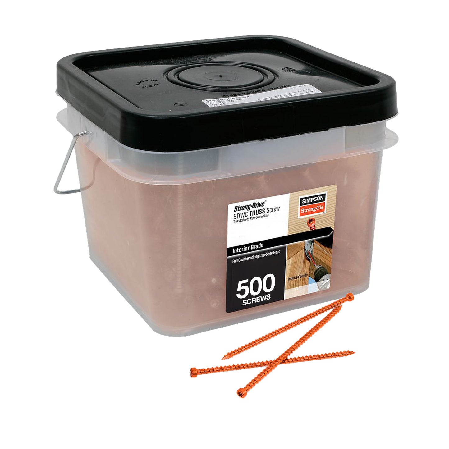 Container of screws with a label indicating quantity on a white background