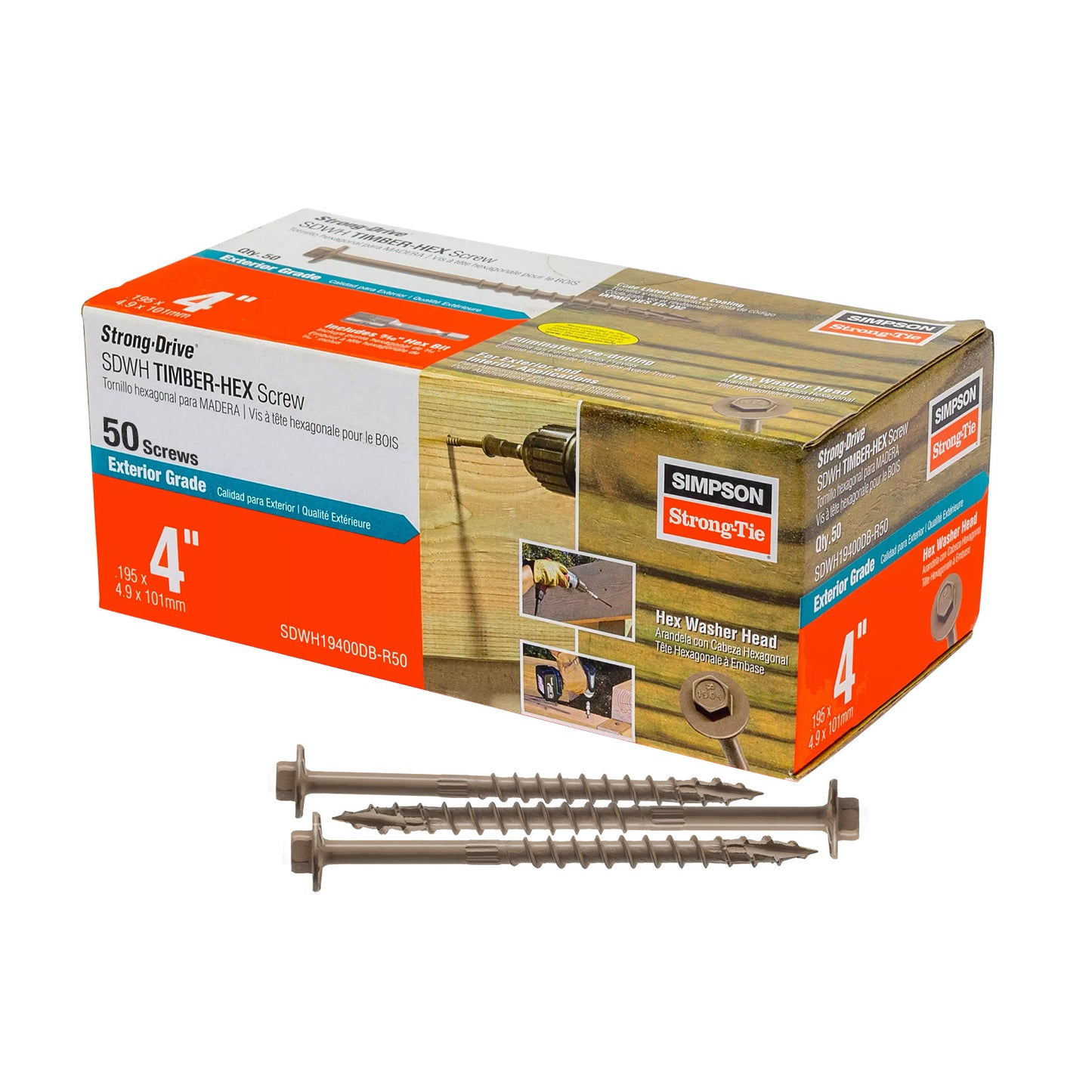 0.195" x 4" Strong-Tie SDWH19400DB-R50 Timber Hex Screw - Double Barrier Coating, Pkg 50