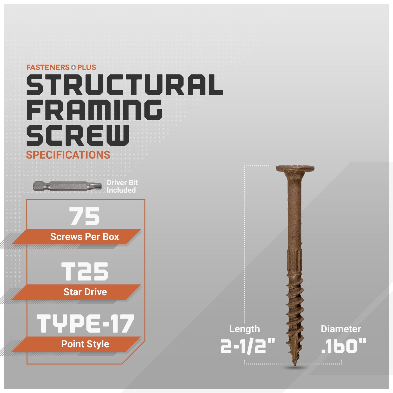 Structural framing screw with specifications on a gray background