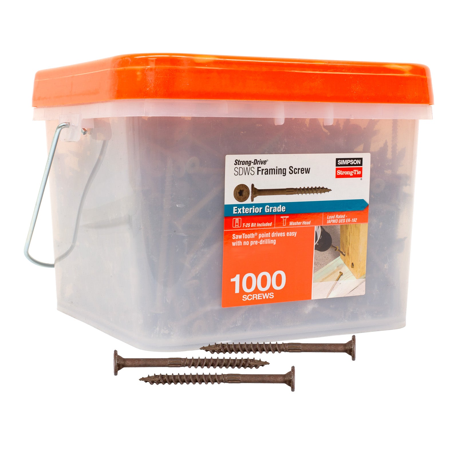 Clear plastic container with orange lid containing Simpson Strong-Tie screws on a white background