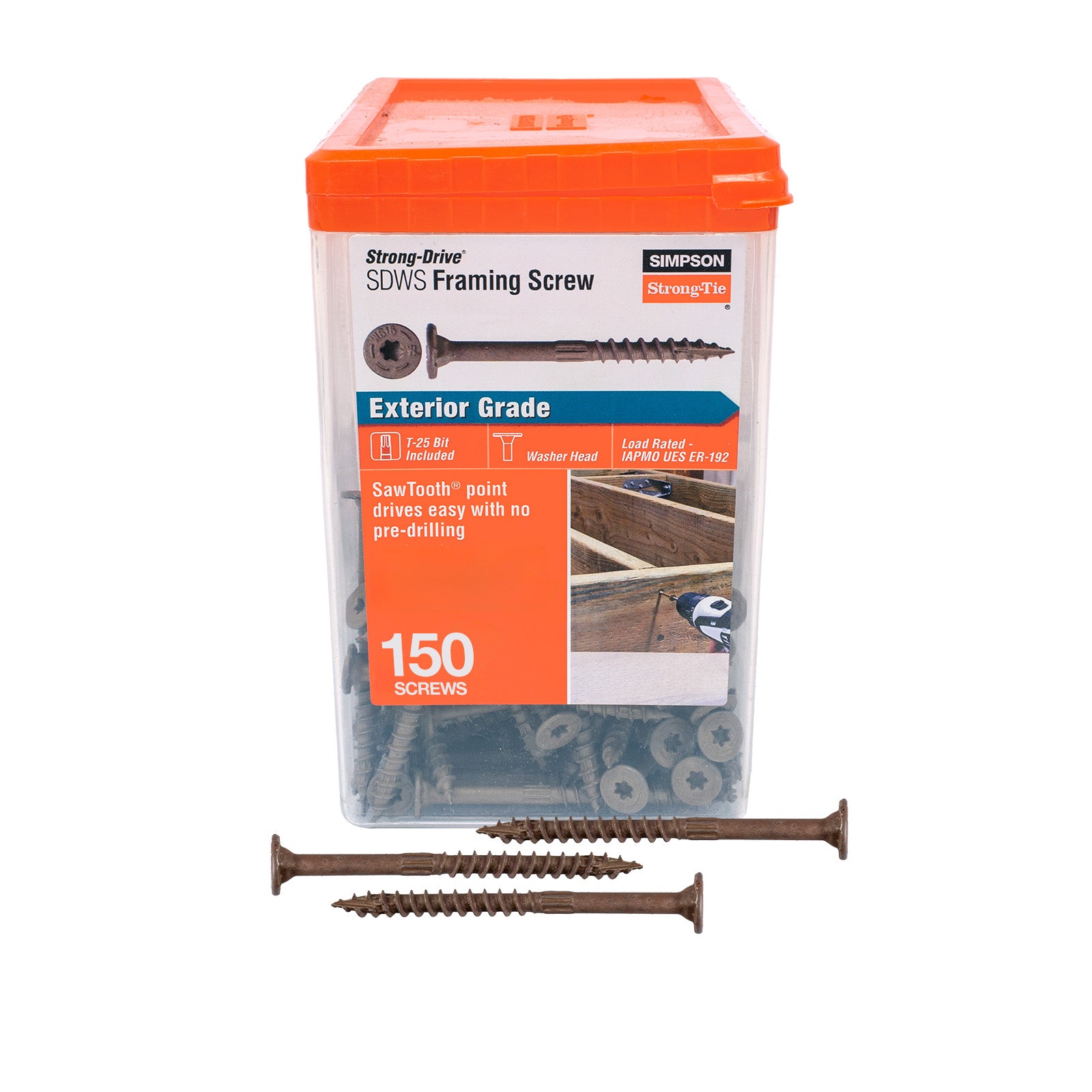 Packaging of Simpson Strong-Drive framing screws with screws displayed in front