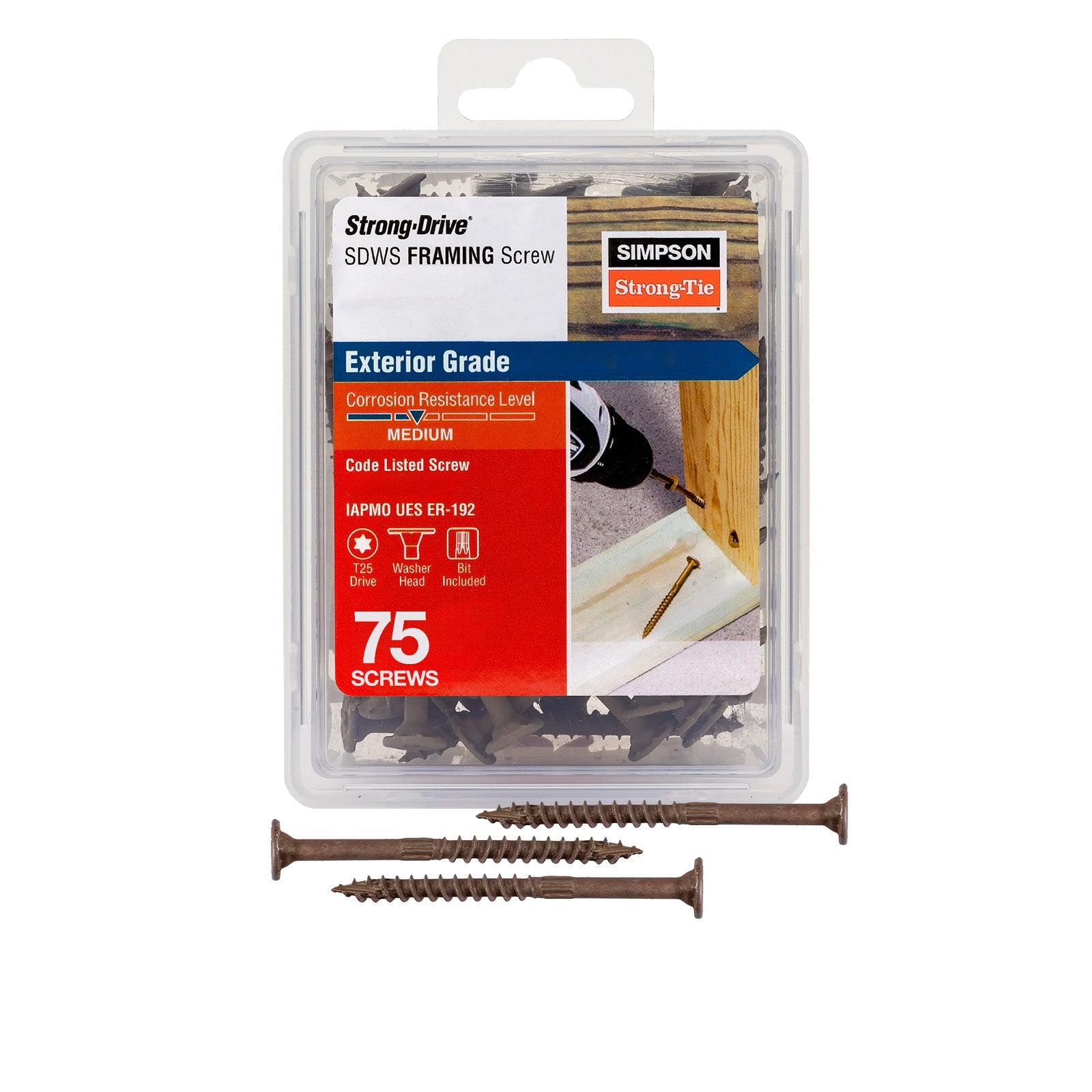 Pack of Simpson Strong-Drive framing screws with packaging on a white background