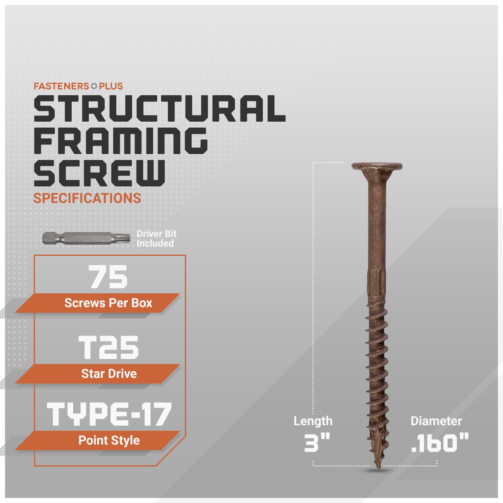 Structural framing screw with specifications on a gray background