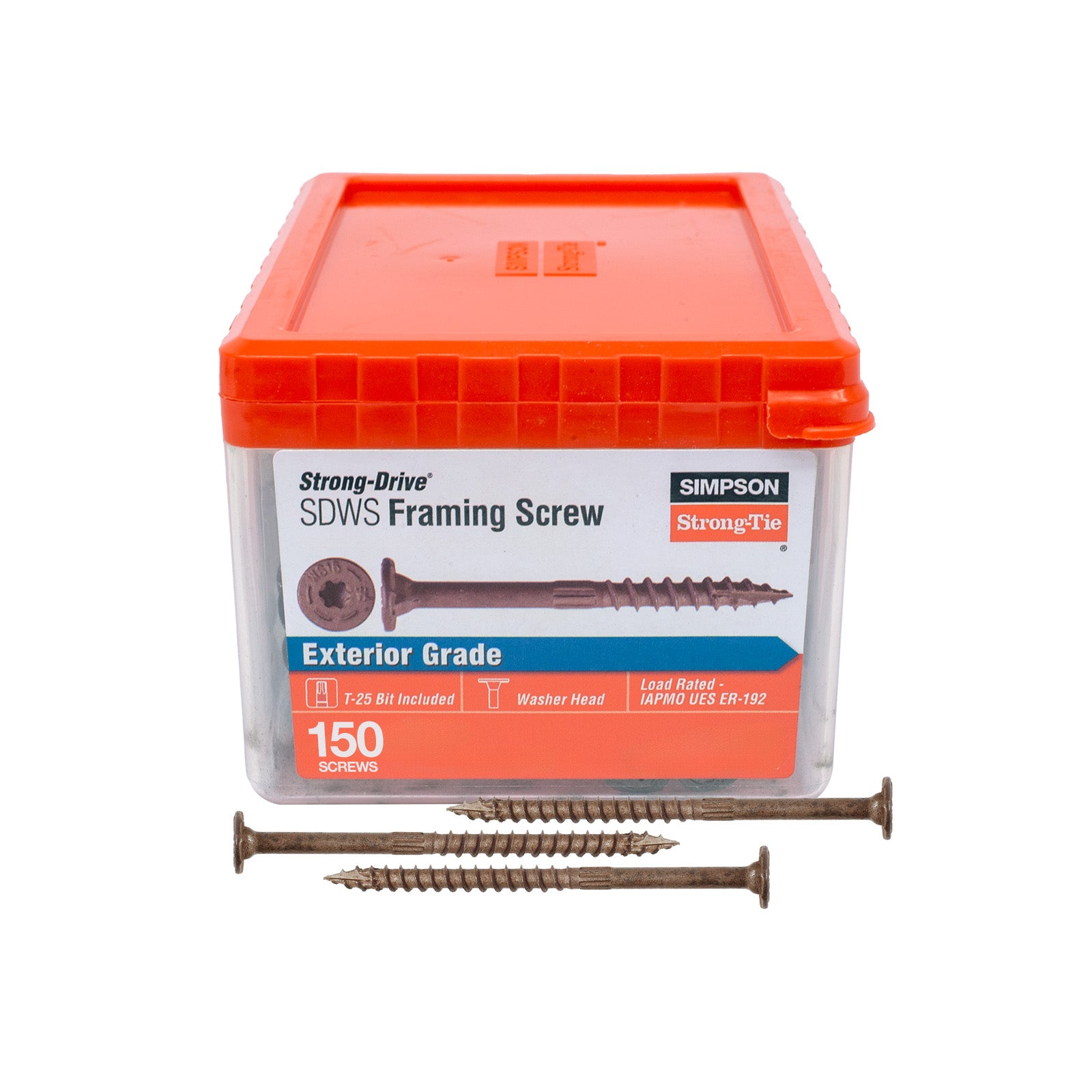 Box of Simpson Strong-Drive framing screws with screws on a white background