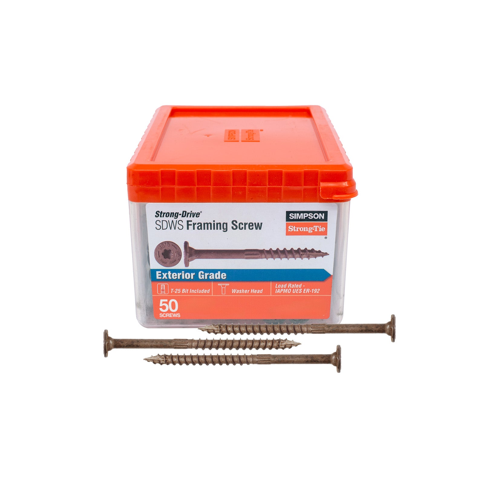 Box of Simpson Strong-Drive framing screws with three screws in front on a white background