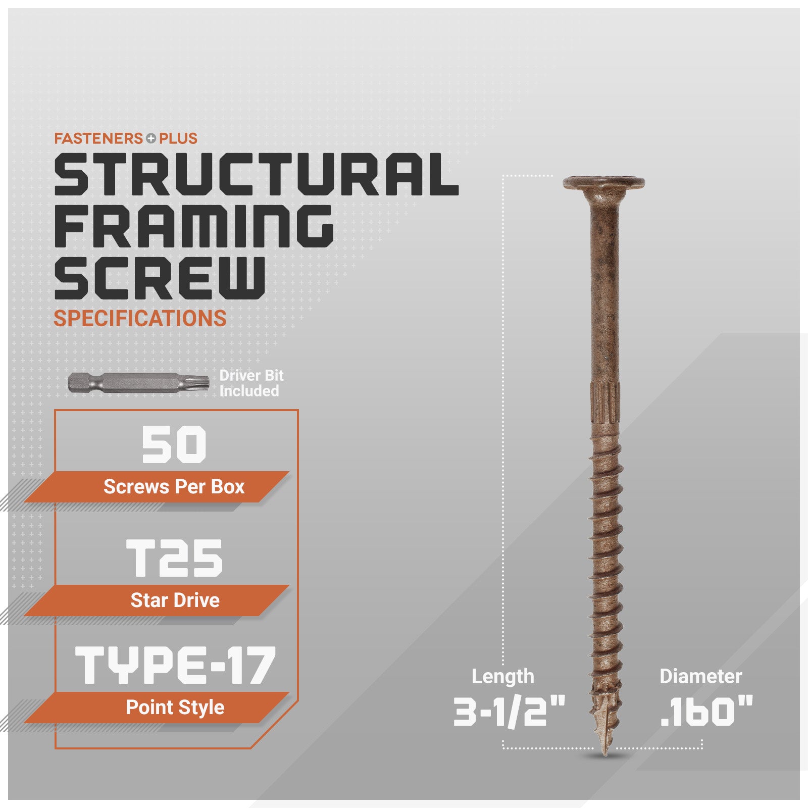 Structural framing screw with specifications on a gray background