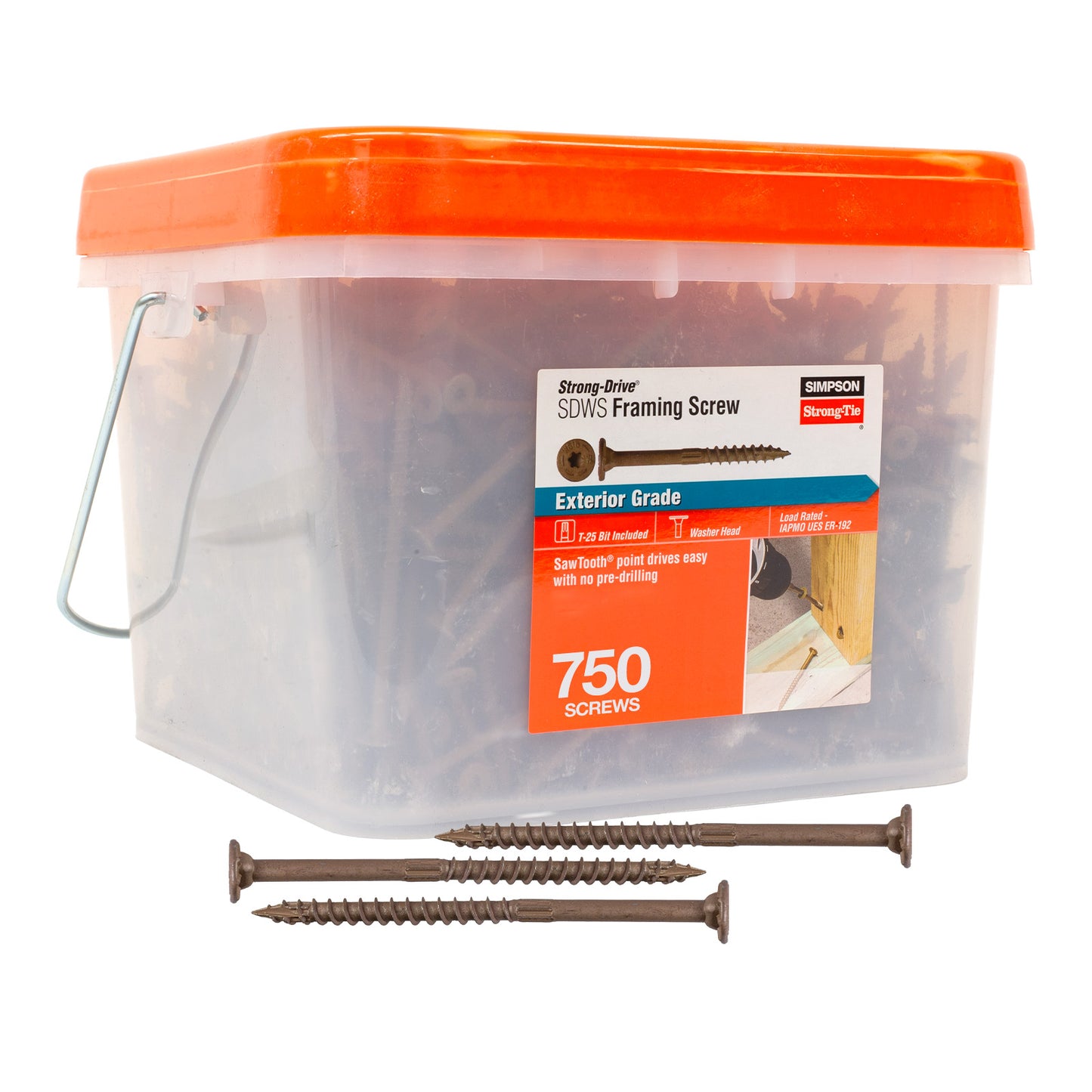 Clear plastic container with orange lid labeled '750 screws' featuring Simpson Strong-Tie framing screws on a white background.