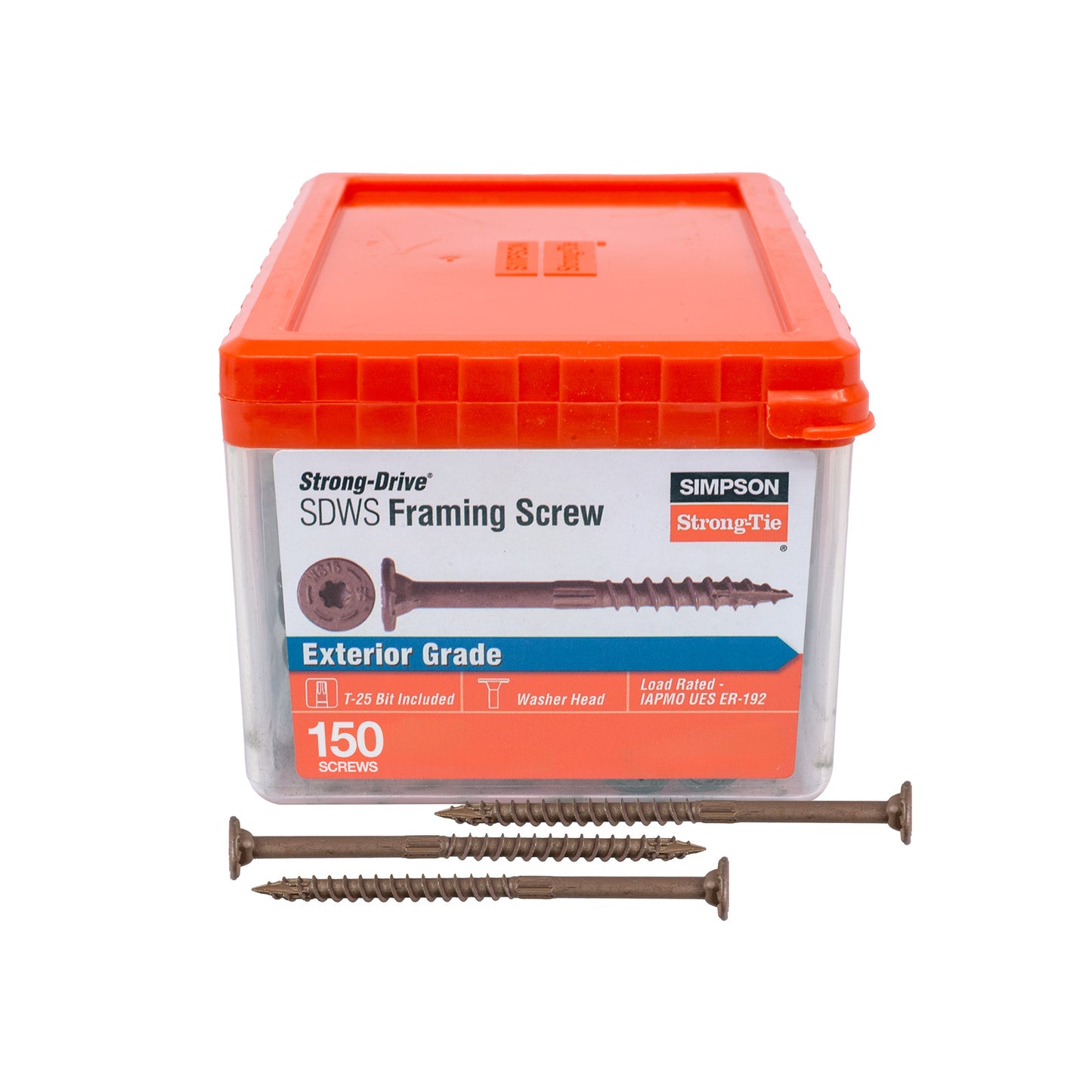 Box of Simpson Strong-Tie framing screws with screws in front on a white background