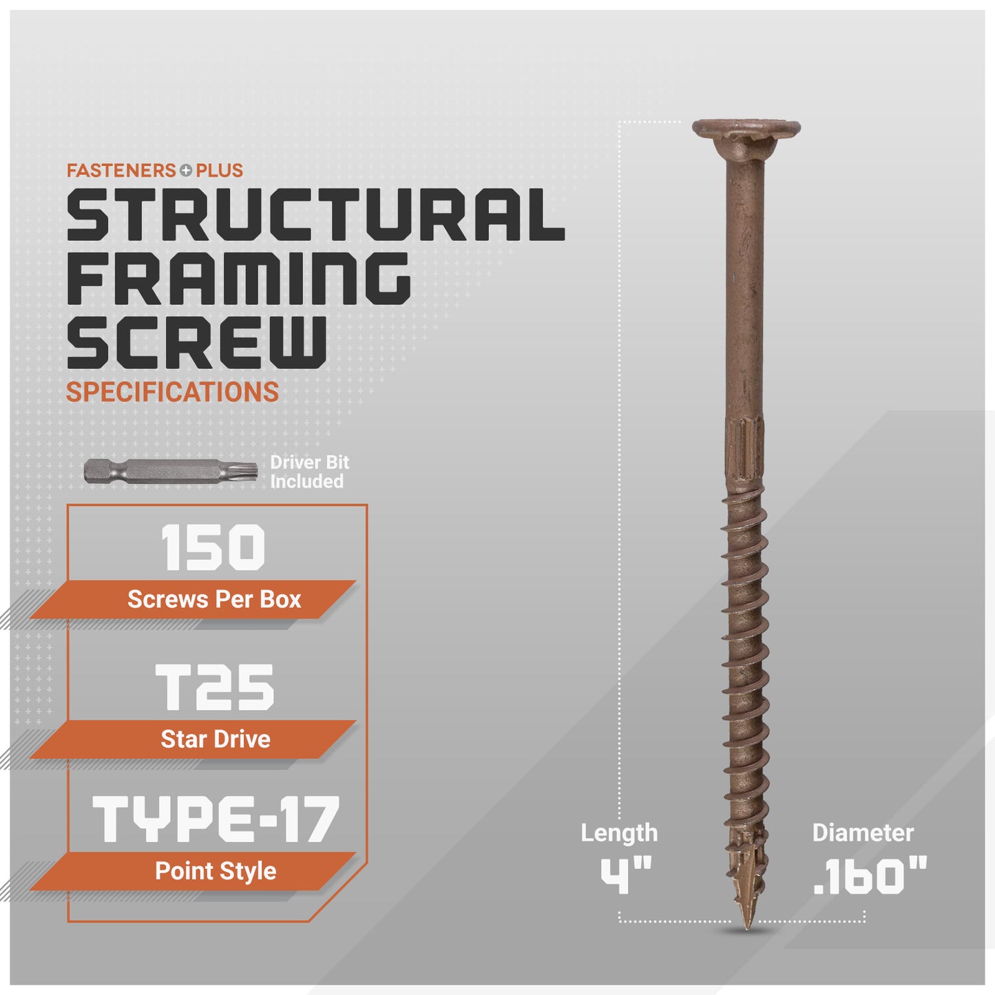 Structural framing screw with specifications on a gray background