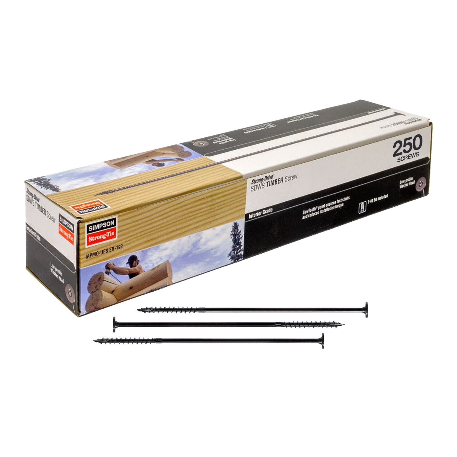 Box of Timmer Screws with screws on a white background