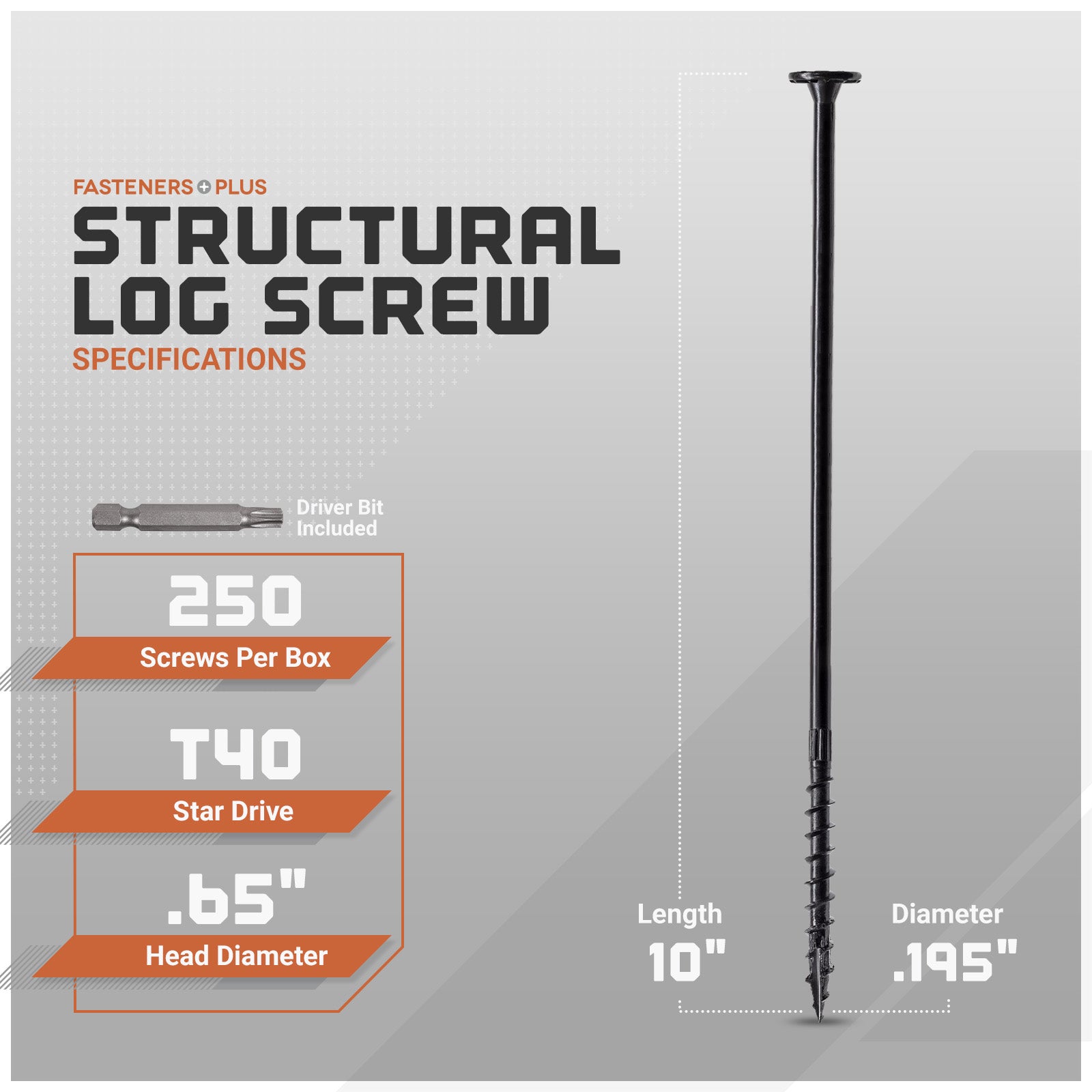 Structural log screw with specifications on a gray background