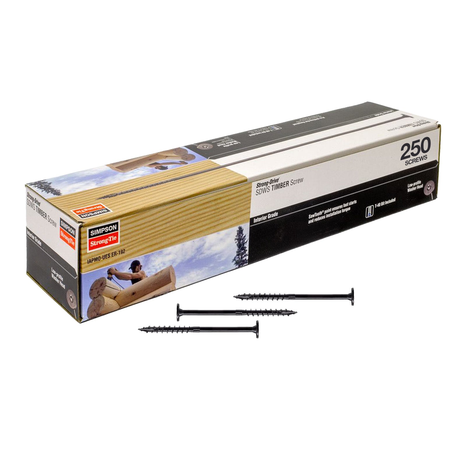 Box of Timmer Screws with screws on a white background