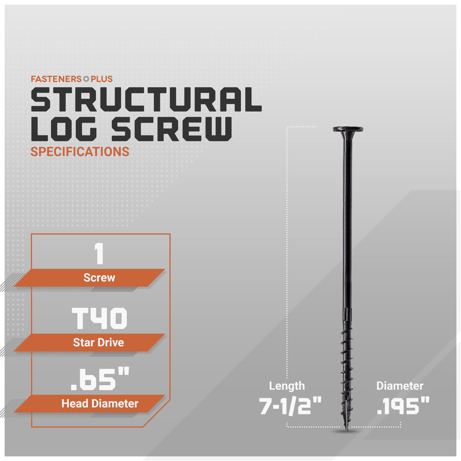 Structural log screw with specifications on a gray background