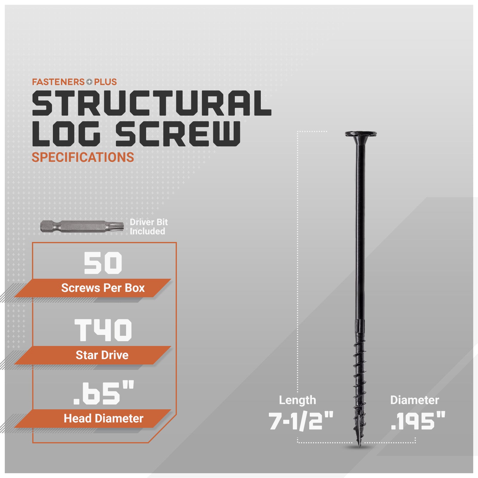 Structural log screw with specifications on a gray background