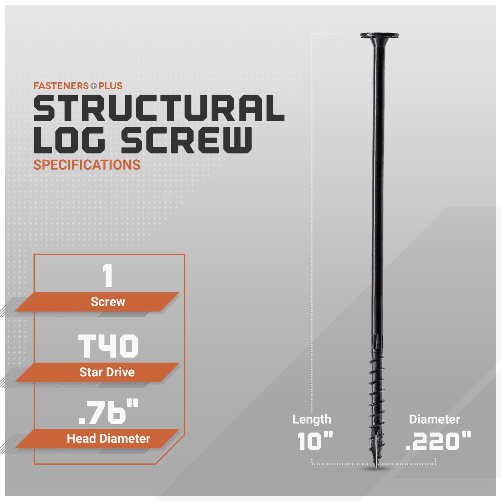 Structural log screw with specifications on a gray background