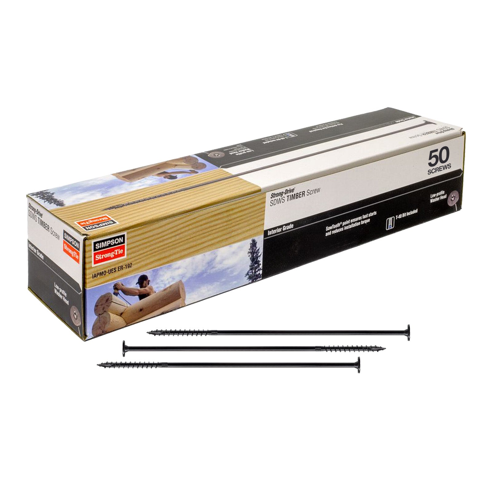 Box of Simpson Strong-Tie Timber Screws with screws on a white background