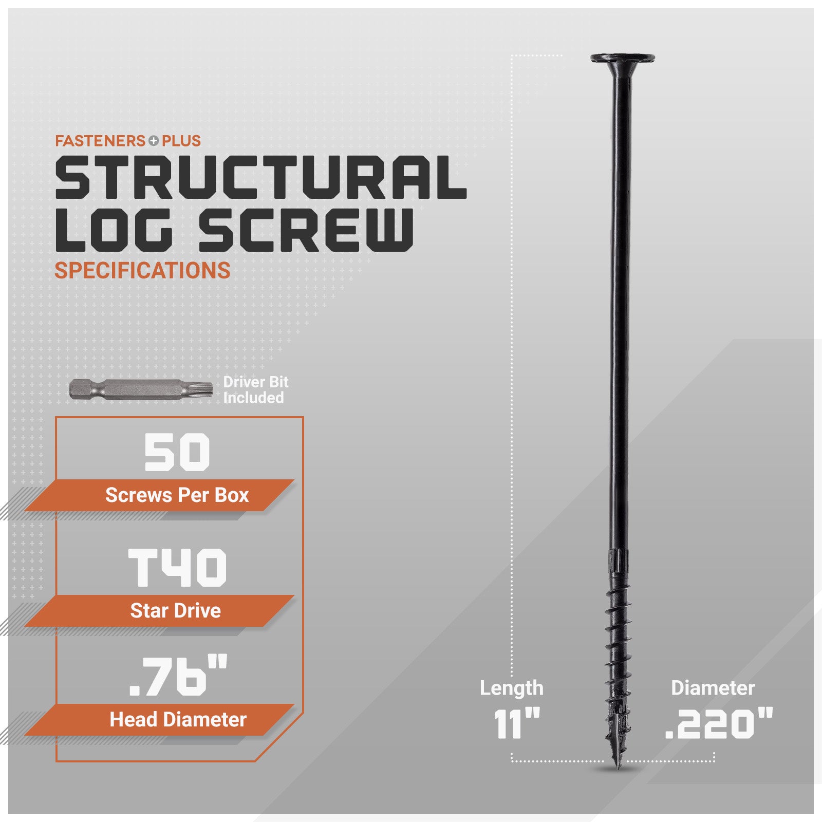 Structural log screw with specifications on a gray background