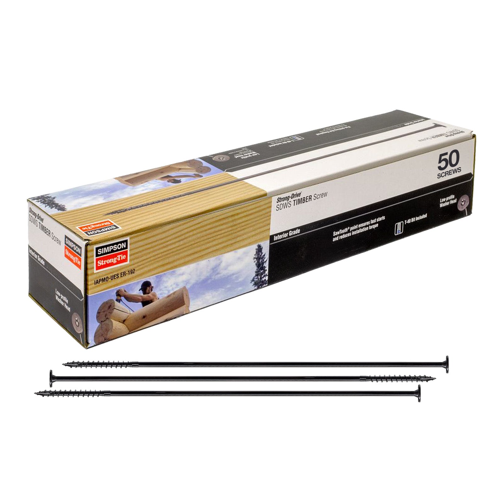 Box of Simpson Strong-Tie Timber Screws with screws displayed in front on a white background