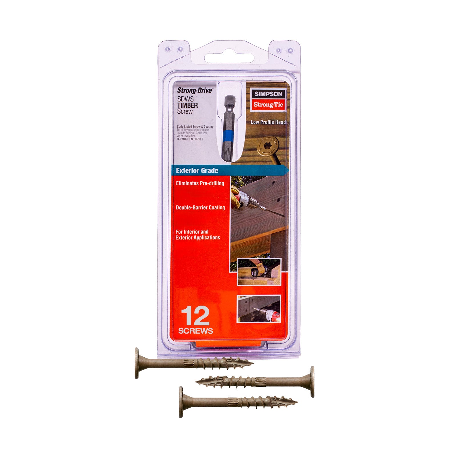 Simpson Strong-Tie exterior grade screws packaging with two screws in front on a white background