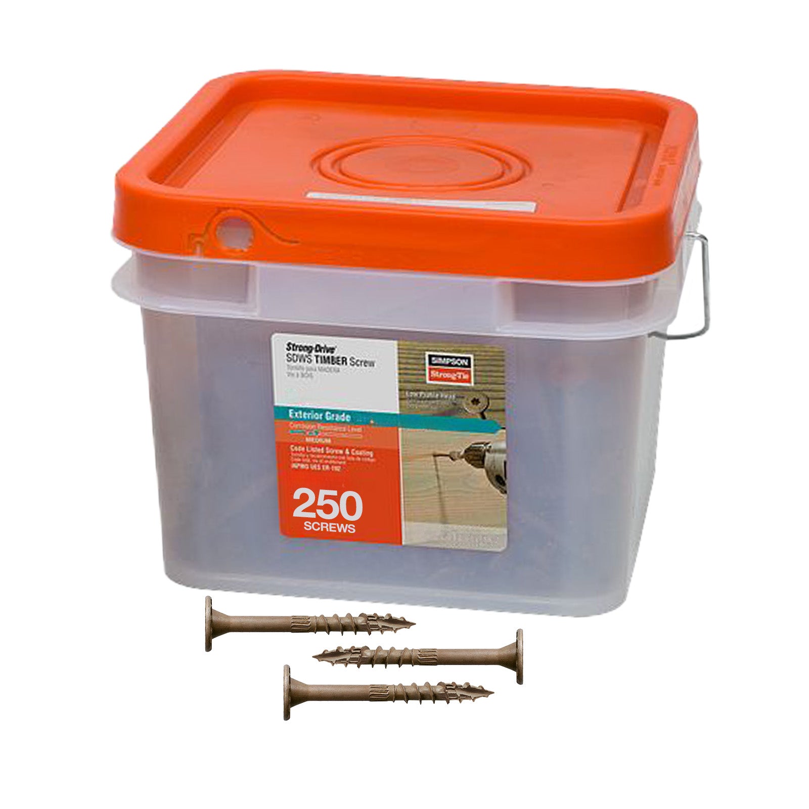 Clear plastic container with orange lid and screws on a white background